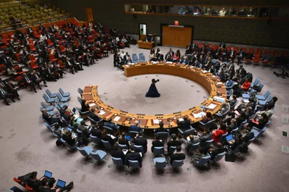 The UN Security Council meets on a motion for a Gaza ceasefire and hostage deal vote at UN headquarters in New York, on March 22, 2024. Russia and China on Friday vetoed a US-backed draft resolution at the Security Council on a ceasefire in Gaza, with Moscow accusing Washington of a "hypocritical spectacle" that does not pressure Israel. (Photo by ANGELA WEISS / AFP)<!-- NICAID(15713428) -->