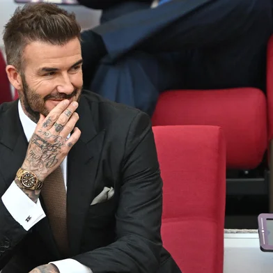 Former England player David Beckham attends the Qatar 2022 World Cup Group B football match between England and Iran at the Khalifa International Stadium in Doha on November 21, 2022. (Photo by Paul ELLIS / AFP)<!-- NICAID(15271354) -->