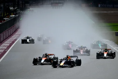 Red Bull Racing's Dutch driver Max Verstappen leads during the Formula One British Grand Prix at the Silverstone motor racing circuit in Silverstone, central England, on July 6, 2025. (Photo by Ben STANSALL / AFP)<!-- NICAID(16079034) -->