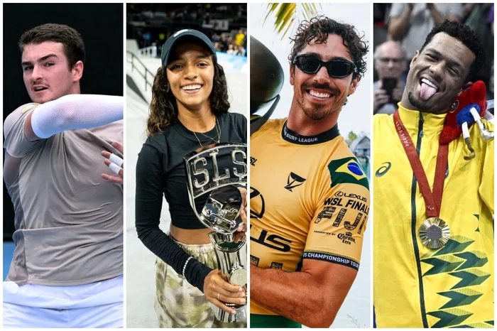 Montagem sobre fotos de William West, Street League Skateboarding, Ed Sloane e Julien de Rosa / AFP, Street League Skateboarding, Divulgação e World Surf League