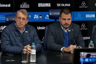 Divulgação / Grêmio FBPA Odorico Roman, Rafael Lima e Antônio Dutra Júnior em entrevista coletiva no CT do Grêmio<!-- NICAID(16308401) -->