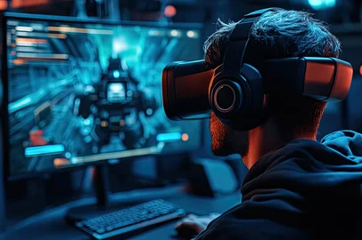 A VR user playing a first-person shooter game , 8k, HD, --ar 16:9 --seed 123 --style raw --v 6.1 Job ID: 0218d207-9278-4763-b618-d197c34f3ee5<!-- NICAID(15983469) -->