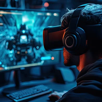 A VR user playing a first-person shooter game , 8k, HD, --ar 16:9 --seed 123 --style raw --v 6.1 Job ID: 0218d207-9278-4763-b618-d197c34f3ee5<!-- NICAID(15983469) -->