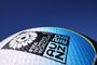 Details on the official ball for the Women's World Cup are seen next to Stadium Australia, also known as Olympic Stadium, in Sydney on July 18, 2023, ahead of the Women's World Cup football tournament. (Photo by Franck FIFE / AFP)<!-- NICAID(15487076) -->