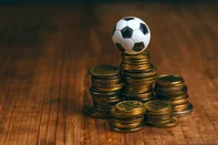 Soccer bet concept with small football on top of coin stack, making money by predicting sport results.Indexador: Igor StevanovicFonte: 95182611Fotógrafo: Nikon digital camera user<!-- NICAID(16039193) -->