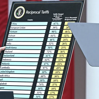 Trump delivers remarks on reciprocal tariffsUS President Donald Trump holds a chart as he delivers remarks on reciprocal tariffs during an event in the Rose Garden entitled "Make America Wealthy Again" at the White House in Washington, DC, on April 2, 2025. Trump geared up to unveil sweeping new "Liberation Day" tariffs in a move that threatens to ignite a devastating global trade war. Key US trading partners including the European Union and Britain said they were preparing their responses to Trump's escalation, as nervous markets fell in Europe and America. (Photo by Brendan SMIALOWSKI / AFP)Editoria: FINLocal: WashingtonIndexador: BRENDAN SMIALOWSKISecao: metal and mineralFonte: AFPFotógrafo: STF<!-- NICAID(16008843) -->