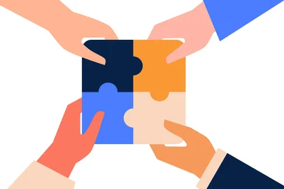 Four hands holing a puzzle piece. Hands of diverse group of people putting together. Concept of cooperation, unity, togetherness, partnership, agreement, teamwork, social community or movement. Flat cartoon vector illustration. Foto: Monika Jurczyk / stock.adobe.comFonte: 567817199<!-- NICAID(16356129) -->
