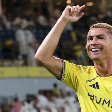Nassr's Portuguese forward #07 Cristiano Ronaldo celebrates after scoring his team's first goal during the Saudi Pro League football match between Al-Nassr and Abha at the Al-Awwal Park stadium in Riyadh on September 9, 2026. (Photo by Fayez NURELDINE / AFP)Editoria: SPOLocal: RiyadhIndexador: FAYEZ NURELDINESecao: soccerFonte: AFPFotógrafo: STF<!-- NICAID(16362389) -->