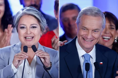 RAUL BRAVO / AFP (COMBO) This combination of pictures created on December 9, 2025, shows Chile's presidential candidates Jeannette Jara, of the Unidad por Chile coalition, and Jose Antonio Kast, of the Republicano party, speaking after a debate organized by the National Television Association in Santiago on December 9, 2025. The second round of the Chilean presidential election on December 14, 2025, will pit two candidates who are totally opposed: Jeannette Jara, from a broad left-wing coalition with modest origins, and the far-right leader Jose Antonio Kast, an ultraconservative Catholic determined to massively expel undocumented migrants. (Photo by Raul BRAVO / AFP)<!-- NICAID(16184258) -->
