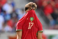 Morocco's striker #17 Abde Ezzalzouli reacts during the international friendly football match between Morocco and Norway at Sports Illustrated Stadium in Harrison, New Jersey, on June 7, 2026. (Photo by ANGELA WEISS / AFP)<!-- NICAID(16304157) -->