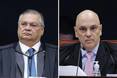 Julgamentos da Ação Penal 2668 - Núcleo 1 (Manhã) - 09/09/2025Ministro Flávio Dino. Ministro Alexandre de Moraes. Julgamentos da Ação Penal 2668 - Núcleo 1 (Manhã). Montagem sobre fotos Rosinei Coutinho/ STF / Divulgação<!-- NICAID(16120311) -->