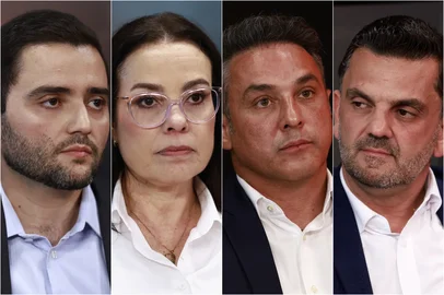 PORTO ALEGRE, RS, BRASIL, 25-09-2026: Debate da Rádio Gaúcha com os candidatos ao governo do Rio Grande do Sul, realizado no estúdio de GZH, na redação integrada do Grupo RBS, em Porto Alegre. O confronto ocorre no horário do Gaúcha Atualidade, com participação de Gabriel Souza (MDB), Juliana Brizola (PDT), Luciano Zucco (PL) e Marcelo Maranata (PSDB)