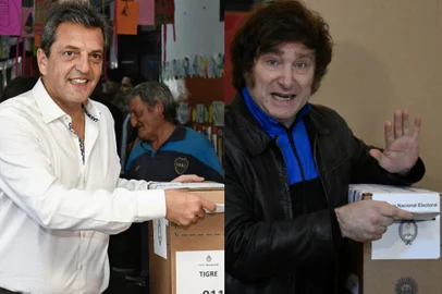 Montagem de Fotos de Sergio Massa e Javier Milei<!-- NICAID(15576388) -->