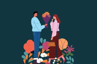 Ilustração de casal com um buquê de flores.<!-- NICAID(15850770) -->