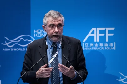 Nobel Prize-winning economist Paul Krugman delivers a speech at the Asian Financial Forum in Hong Kong on January 20, 2015. The Asian Financial Forum 2015 is held under the theme "Asia: Sustainable Development in a World of Change".  AFP PHOTO / Philippe Lopez (Photo by PHILIPPE LOPEZ / AFP)Editoria: FINLocal: HONG KONGIndexador: PHILIPPE LOPEZSecao: economy (general)Fonte: AFP<!-- NICAID(16077416) -->