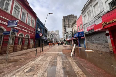 Pessoas trabalham na limpeza de estabelecimentos da Rua Voluntários da Patria, em Porto Alegre.<!-- NICAID(15773572) -->