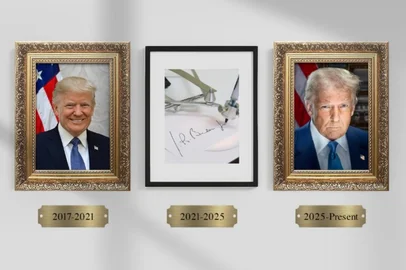Trump publica montagem da galeria de presidentes com uma "caneta automática" no lugar da foto de Biden. Foto: @realDonaldTrump / Truth Social  / Divulgação <!-- NICAID(15997282) -->