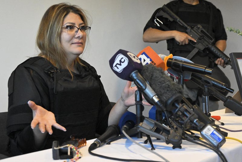 (FILES) Veronica Sarauz, wife of slain Ecuadorean presidential candidate Fernando Villavicencio, speaks during a press conference in Quito on August 12, 2023. The wife of the presidential candidate murdered in Ecuador days before the August elections was the victim of an attack this Wednesday September 27, denounced Christian Zurita, best friend of the deceased candidate and his replacement in the nomination. (Photo by Rodrigo BUENDIA / AFP)<!-- NICAID(15553375) -->