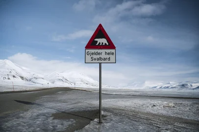 (ARQUIVOS) Nesta foto de arquivo tirada em 02 de maio de 2022, um sinal de alerta mostra um urso polar ao lado de uma estrada em Longyearbyen, no arquipélago de Svalbard, norte da Noruega. - Com suas cidades fantasmas e homens armados assumindo um vasto deserto, quase se poderia confundir o arquipélago de Svalbard com o Velho Oeste.Mas uma pequena força policial do Ártico nestas ilhas a meio caminho entre a Noruega e o Pólo Norte mantém fora da lei - e incomoda ursos polares - à distância. (Foto de Jonathan NACKSTRAND/AFP)<!-- NICAID(15137512) -->