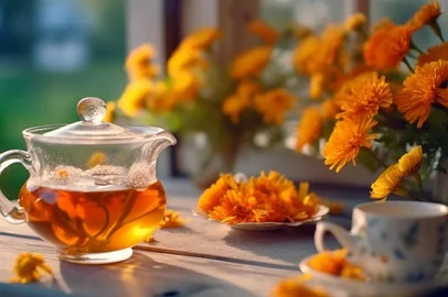 ai generative healing calendula tea in a glass cup Indexador: 919039361464473Fonte: 616100413<!-- NICAID(15537068) -->