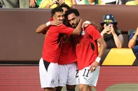 CLEVELAND, OHIO - JUNE 06: Mostafa Ziko of Egypt celebrates with teammates after scoring the team's first goal during the international friendly match between Brazil and Egypt at Huntington Bank Field on June 06, 2026 in Cleveland, Ohio.   Kirk Irwin/Getty Images/AFP (Photo by Kirk Irwin / GETTY IMAGES NORTH AMERICA / Getty Images via AFP)<!-- NICAID(16301074) -->