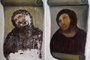 A combination of three documents provided by the Centre de Estudios Borjanos on August 22, 2012 shows the original version of the painting Ecce Homo (L) by 19th-century painter Elias Garcia Martinez, the deteriorated version (C) and the restored version by an elderly woman in Spain. An elderly woman's catastrophic attempt to "restore" a century-old oil painting of Christ in a Spanish church has provoked popular uproar, and amusement. Titled "Ecce Homo" (Behold the Man), the original was no masterpiece, painted in two hours in 1910 by a certain Elias Garcia Martinez directly on a column in the church at Borja, northeastern Spain. The well-intentioned but ham-fisted amateur artist, in her 80s, took it upon herself to fill in the patches and paint over the original work, which depicted Christ crowned with thorns, his sorrowful gaze lifted to heaven. = RESTRICTED TO EDITORIAL USE - MANDATORY CREDIT " AFP PHOTO/ CENTRO DE ESTUDIOS BORJANOS" - NO MARKETING NO ADVERTISING CAMPAIGNS - DISTRIBUTED AS A SERVICE TO CLIENTS = (Photo by CENTRO DE ESTUDIOS BORJANOS / AFP)Editoria: ACEIndexador: -Secao: paintingFonte: CENTRO DE ESTUDIOS BORJANOS<!-- NICAID(15030627) -->