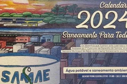 Ilustrado pelos 15 alunos finalistas da 1ª edição do Concurso de Desenho do Serviço Autônomo Municipal de Água e Esgoto (Samae), foi lançado o Calendário 2024 Saneamento para todos<!-- NICAID(15628553) -->