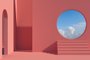 Arch and stairs in trendy minimal interior. 3d render illustration in modern geometric style. Coral pastel colors background for banners for product presentation.Arch and stairs in trendy minimal interior. 3d render illustration in modern geometric style. Coral pastel colors background for banners for product presentation. Abstract composition.Fonte: 255341557<!-- NICAID(14906653) -->