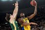 Brazil's Bruno Caboclo (R) lays up as Australia's Josh Giddey (L) attempts to block  during the international friendly basketball match between Australia and Brazil in Melbourne on August 16, 2023, in preparation for the 2023 Philippines-Japan-Indonesia FIBA Basketball World Cup. (Photo by William WEST / AFP) / --IMAGE RESTRICTED TO EDITORIAL USE - STRICTLY NO COMMERCIAL USE--Editoria: SPOLocal: MelbourneIndexador: WILLIAM WESTSecao: basketballFonte: AFPFotógrafo: STF<!-- NICAID(15519192) -->