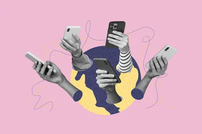 Creative image collage human hands holding smartphones digital era devices social network addicted users drawing background.<!-- NICAID(15961241) -->
