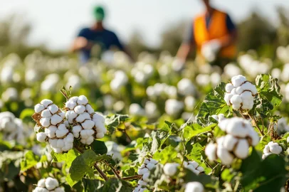 Organic cotton field, with workers harvesting cotton sustainably, organic cotton, ethical textile productionAlgodãoFonte: 997693424<!-- NICAID(16024459) -->