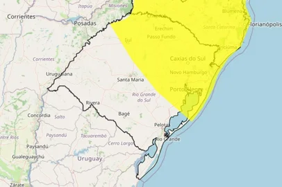 Inmet / Reprodução O Instituto Nacional de Meteorologia (Inmet) emitiu um alerta amarelo para risco de tempestade para grande parte do Brasil. No Rio Grande do Sul, o aviso é válido para uma faixa no norte do estado a partir de meia-noite de quinta-feira (15) até as 23h59min.<!-- NICAID(16387053) -->