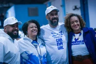 Julinho (diretor de harmonia da Portela), Fátima (presidente do Bambas), Schal (diretor de carnaval da Portela) e Fernanda (professora de História da UFRGS e colaboradora no enredo)<!-- NICAID(16110088) -->