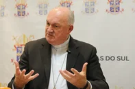 CAXIAS DO SUL, RS, BRASIL. 08.05.2025. Entrevista coletiva do bispo Dom José Dislon, na Diocese de Caxias do Sul, sobre as primeiras impressões sobre a escolha do Papa Leão XIV, no conclave. (Ulisses Castro / Agência RBS).<!-- NICAID(16033151) -->