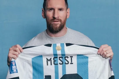 This undated photo provided by Sotheby's courtesy of Sam Robles photography shows Lionel Messi holding one of six match worn shirts from the 2022 FIFA World Cup. A set of six shirts worn by Lionel Messi during Argentina's victorious run to the 2022 World Cup in Qatar will be auctioned off in December, Sotheby's announced November 20, estimating their value at over $10 million. (Photo by Sam ROBLES / Sam Robles photography / AFP) / RESTRICTED TO EDITORIAL USE - MANDATORY CREDIT "AFP PHOTO / HANDOUT / SAM ROBLES PHOTOGRAPHY / SOTHEBY'S" - NO MARKETING - NO ADVERTISING CAMPAIGNS - DISTRIBUTED AS A SERVICE TO CLIENTS<!-- NICAID(15603395) -->