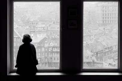 Elderly woman looking out the window, black and white colorsDepressão, idosos. Foto: Rysak / stock.adobe.comFonte: 536002305<!-- NICAID(15317615) -->