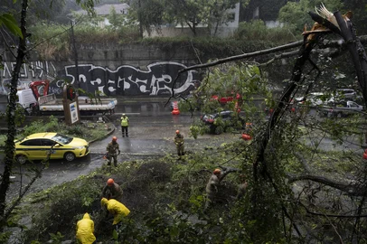 Firefighters work to remove a fallen tree on one of the main overpasses leading to the southern zone of Rio de Janeiro during a storm affecting the state of Rio de Janeiro, Brazil, on April 5, 2025. Areas of the states of Rio de Janeiro and São Paulo are under special alert due to heavy rainfall, with significant volumes that could exceed 100 mm in 24 hours, and wind gusts of around 100 km/h. The National Meteorological Institute (INMET) issued warnings for these regions with a degree of severity "great danger (red)." (Photo by Pablo PORCIUNCULA / AFP)<!-- NICAID(16011106) -->
