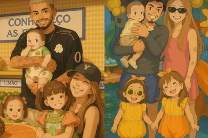 Famosos participam da trend que transforma imagem em desenho baseado no Studio Ghibli. Na foto, Virginia, Zé Felipe e filhos. <!-- NICAID(16008705) -->