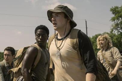 Joshua Odjick as Parker, Jordan Gonzalez as Harkness, David Jonsson as McVries, Cooper Hoffman as Garraty, and Charlie Plummer as Barkovitch in The Long Walk. Photo Credit: Murray Close/Lionsgate<!-- NICAID(16126197) -->