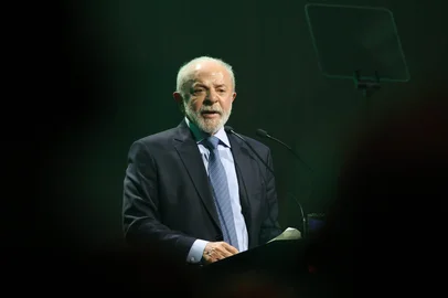 Brazilian President Luiz Inacio Lula da Silva delivershis speech during the opening gala of the Hanover industrial trade fair for mechanical and electrical engineering and digital industries, in Hanover, northern Germany on April 19, 2026. The fair opens its doors to the public on April 20 and will be running until April 24, 2026. (Photo by Ronny HARTMANN / AFP)<!-- NICAID(16268931) -->