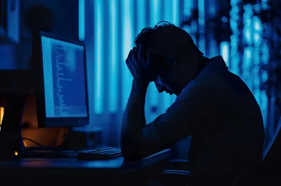 Silhouette of a businessman tired or stressed sitting in front of a computer in an office or home.Silhouette of a businessman tired or stressed sitting in front of a computer in an office or home.Indexador: lo1990Fonte: 1000972086<!-- NICAID(15998014) -->