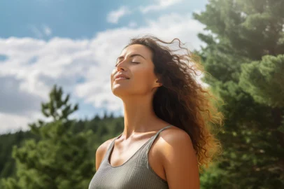A Relaxed woman breathing fresh air in a green forest. AI GenerativeFonte: 617368354<!-- NICAID(15537123) -->