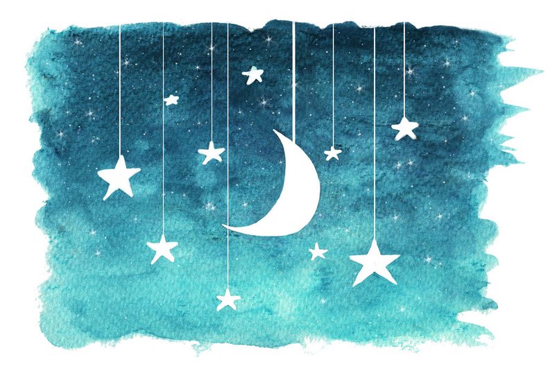 The moon and stars hanging from strings painted in watercolor, night sky background.Fonte: 642332623<!-- NICAID(15723750) -->