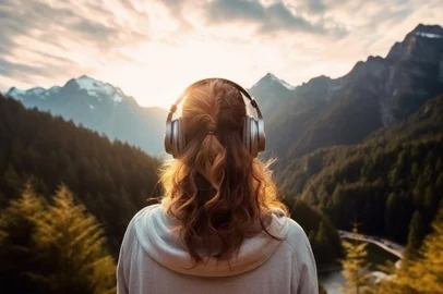 Back view Woman in headphones listening music in the mountains. Generative AIBack view Woman in headphones listening music in the mountains. Generative AIFonte: 610889038<!-- NICAID(15494911) -->