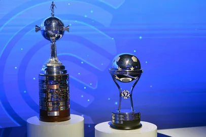 The Copa Libertadores (L) and Copa Sudamericana trophies are displayed before the draw for the round of 16 at the Conmebol headquarters in Luque, Paraguay, on June 2, 2025. (Photo by DANIEL DUARTE / AFP)<!-- NICAID(16050723) -->