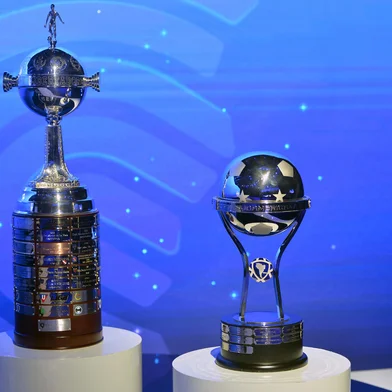 The Copa Libertadores (L) and Copa Sudamericana trophies are displayed before the draw for the round of 16 at the Conmebol headquarters in Luque, Paraguay, on June 2, 2025. (Photo by DANIEL DUARTE / AFP)<!-- NICAID(16050723) -->