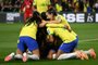 Brazil's midfielder #17 Ariadina Borges (unseen) is congratulated by teammates after scoring her team's first goal during the Australia and New Zealand 2023 Women's World Cup Group F football match between Brazil and Panama at Hindmarsh Stadium in Adelaide on July 24, 2023. (Photo by Brenton EDWARDS / AFP)Editoria: SPOLocal: AdelaideIndexador: BRENTON EDWARDSSecao: soccerFonte: AFPFotógrafo: STR<!-- NICAID(15490450) -->