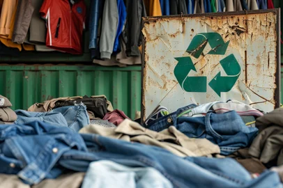 Recycling sign between a lot of old discarded fast fashion clothesFonte: 741622147<!-- NICAID(15866115) -->
