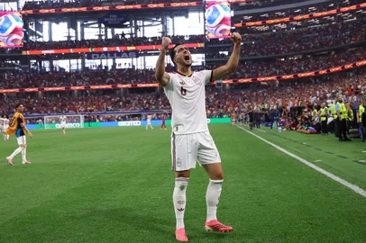 Spain's midfielder #06 Mikel Merino celebrates scoring his team's first goal during the 2026 World Cup round of 16 football match between Portugal and Spain at the Dallas Stadium in Arlington on July 6, 2026. (Photo by Thomas COEX / AFP)<!-- NICAID(16321931) -->