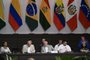 Brazilian Foreign Minister Mauro Vieira (2-L), accompanied by Environment Minister Marina Silva (L), President Luiz Inacio Lula da Silva (C), Para State Governor Helder Barbalho (2-R) and the minister of Indigenous Peoples Sonia Guajajara (R), delivers a speech during the Amazon Summit at the Hangar Convention Centre in Belem, Para State, Brazil, on August 9, 2023. Eight South American countries agreed Tuesday to launch an alliance to fight deforestation in the Amazon, vowing at a summit in Brazil to stop the world's biggest rainforest from reaching "a point of no return." The closely watched summit of the Amazon Cooperation Treaty Organization (ACTO) adopted what host country Brazil called a "new and ambitious shared agenda" to save the rainforest, a crucial buffer against climate change that experts warn is being pushed to the brink of collapse. (Photo by Evaristo SA / AFP)Editoria: POLLocal: BelémIndexador: EVARISTO SASecao: diplomacyFonte: AFPFotógrafo: STF<!-- NICAID(15505384) -->